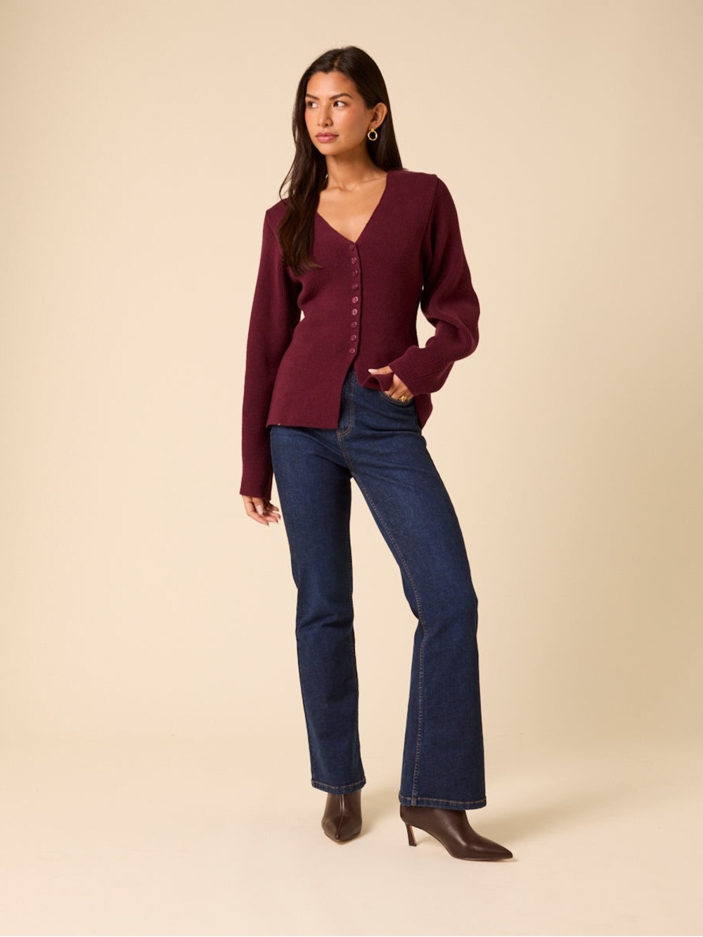 Nobody’s Child Women’s Maroon V-Neck Button Cardigan Sweater
